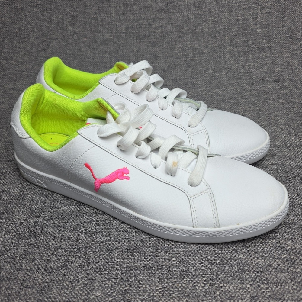 PUMA Smash Cat L Shoes Women's Size 10 White Pink Neon Low Top Lace Up 364221 02
